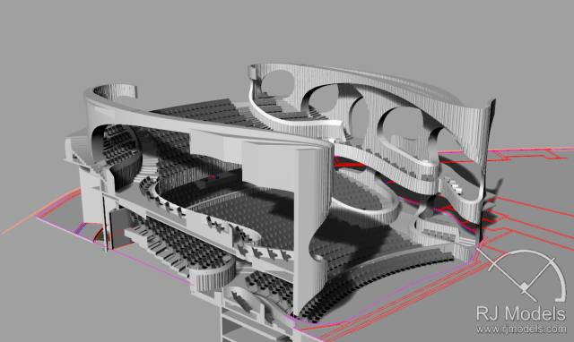 戲曲中心建筑模型的大小為1230mm X 830mm X 590mm ，歷時(shí)1個(gè)月制成。戲曲中心的外觀別樹(shù)一格，糅合了傳統(tǒng)與現(xiàn)代元素，整體屬于流線型設(shè)計(jì)，外觀如同舞臺(tái)簾幕一般。從建筑模型的設(shè)計(jì)中觀看，▲戲曲中心的結(jié)構(gòu)為流線外型和內(nèi)部空間， 呈現(xiàn)出「氣」的概念。。